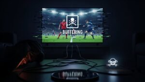 Een haperend en gebufferd TV-scherm tijdens een voetbalwedstrijd, wat de onbetrouwbaarheid en de verborgen gevaren van goedkope, illegale IPTV-diensten symboliseert.