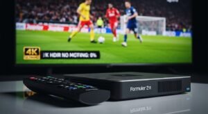 Een close-up van een high-end IPTV decoder en afstandsbediening, met op de achtergrond een scherp 4K HDR beeld op de TV.