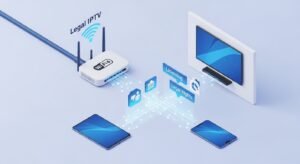 Een moderne Nederlandse woonkamer met een smart-tv die een overzichtelijk legaal IPTV-menu toont met sport en films